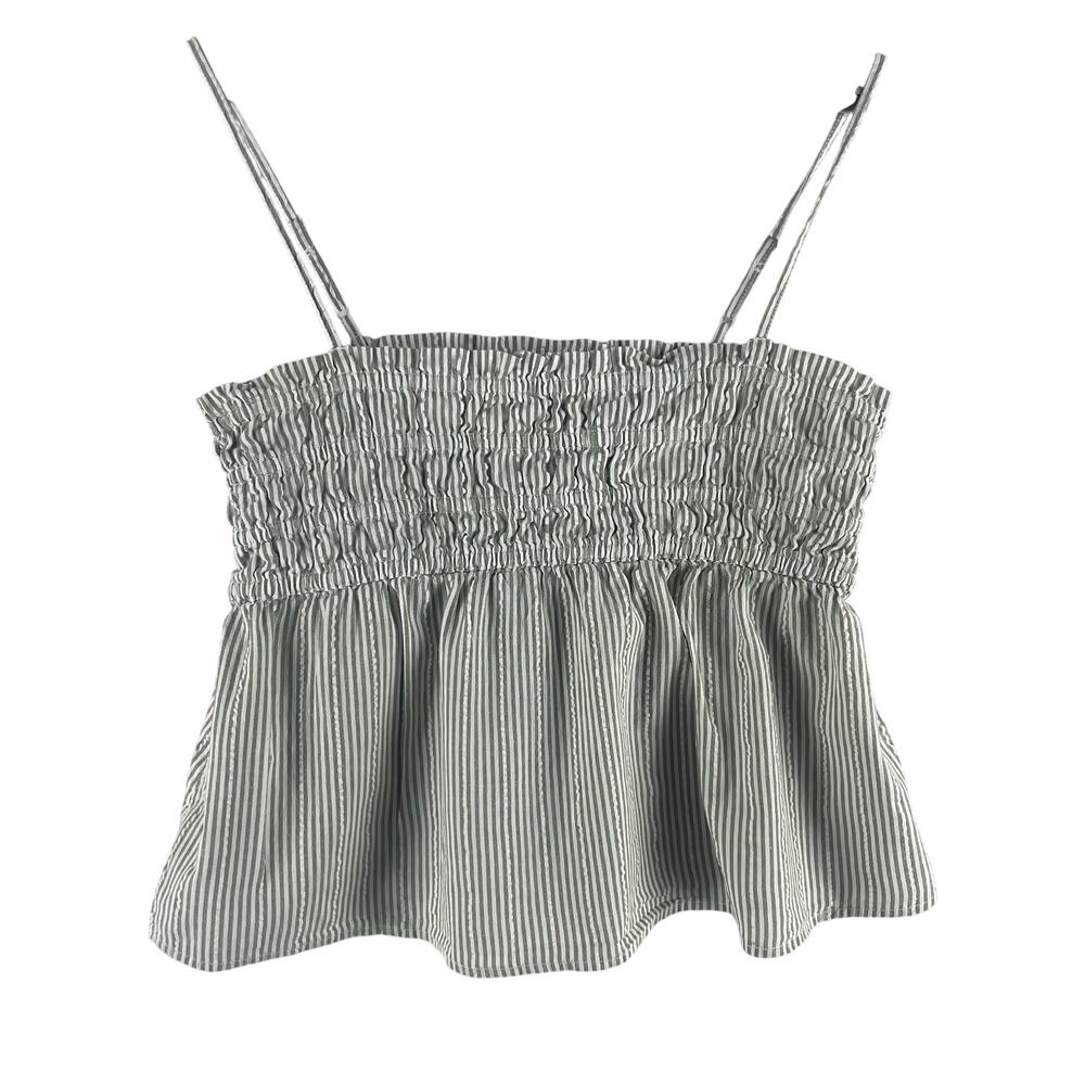 American Eagle Womens Smocked Peplum Cami Crop Top M Sage Green Striped Cotton